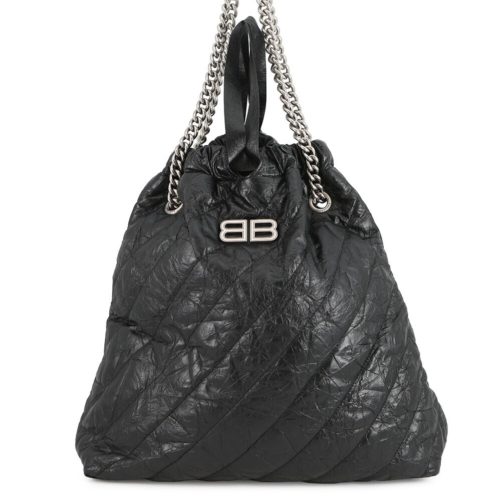 Balenciaga Chain Shoulder Bag Logo Crushed Quilted Calf Leather Black